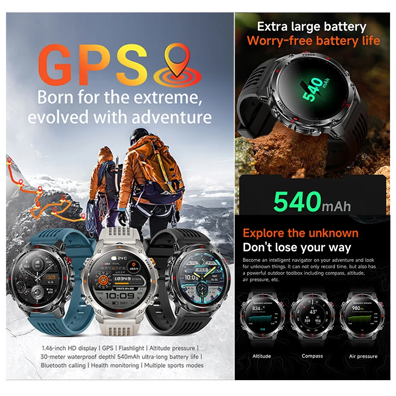 2025 새로운 군용 블루투스 통화 스마트워치 남성용 1.46인치 HD 화면 손전등 540mAh 5ATM 방수 GPS 아웃도어 스포츠 스마트워치