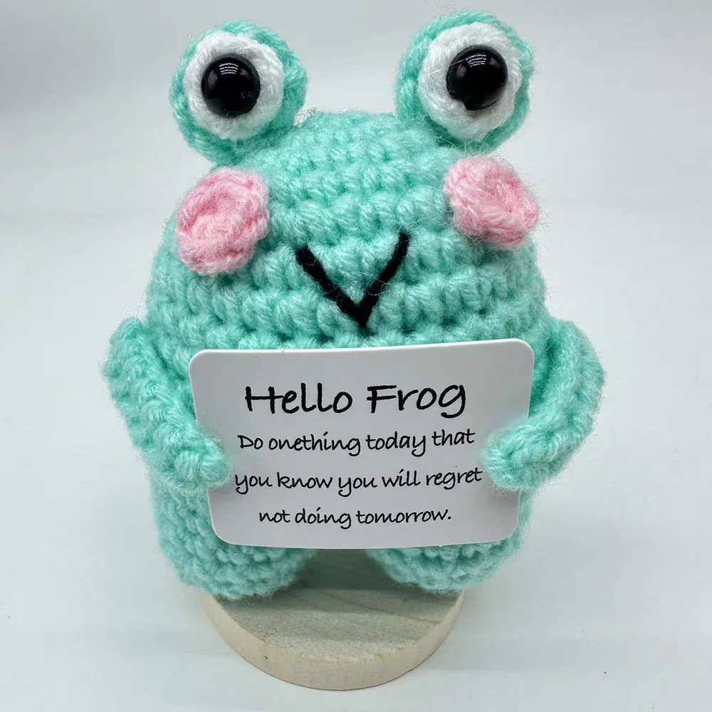 Cute Handwoven Knitted Positive Energy Frog Dolls With Card Funny Crochet Emotional Support Animal Frog Desktop Ornament Gifts