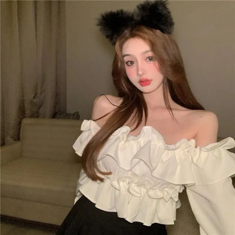 

Korean Fashion Short Ruffle Edge Shirt Top for Women's Summer Design, Flared Long Sleeved Waist French Shirts Female Clothing