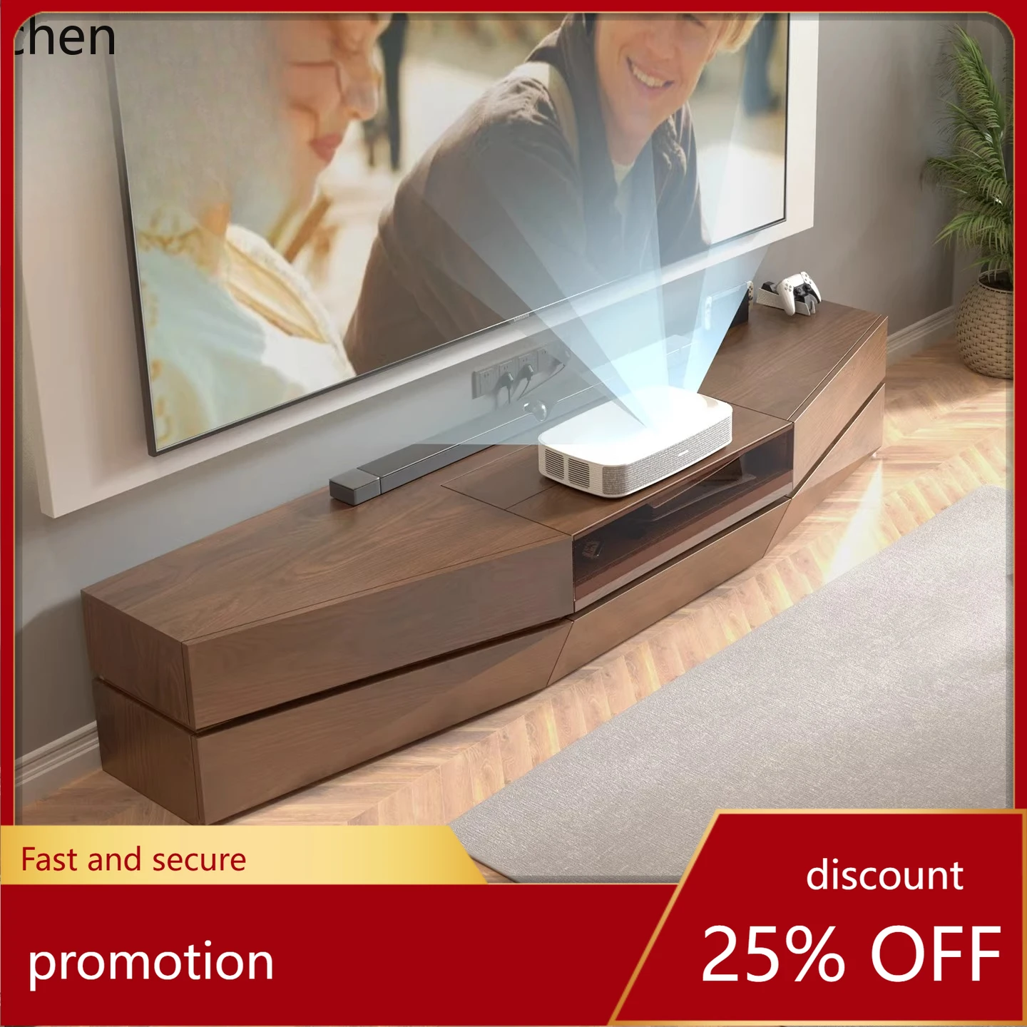 

CZ Solid Wood Large TV Cabinet for Smart Projector with Automatic Telescopic Table Integrated Living Room Low Cabinet