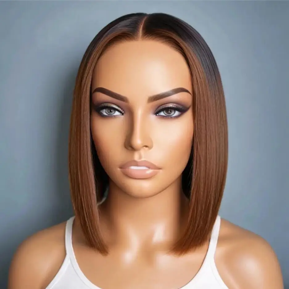 Soft Glueless Ombre Brown Silky Straight Short Cut Bob Preplucked Baby Hair Lace Front Wig For Women 180density Natural Hairline