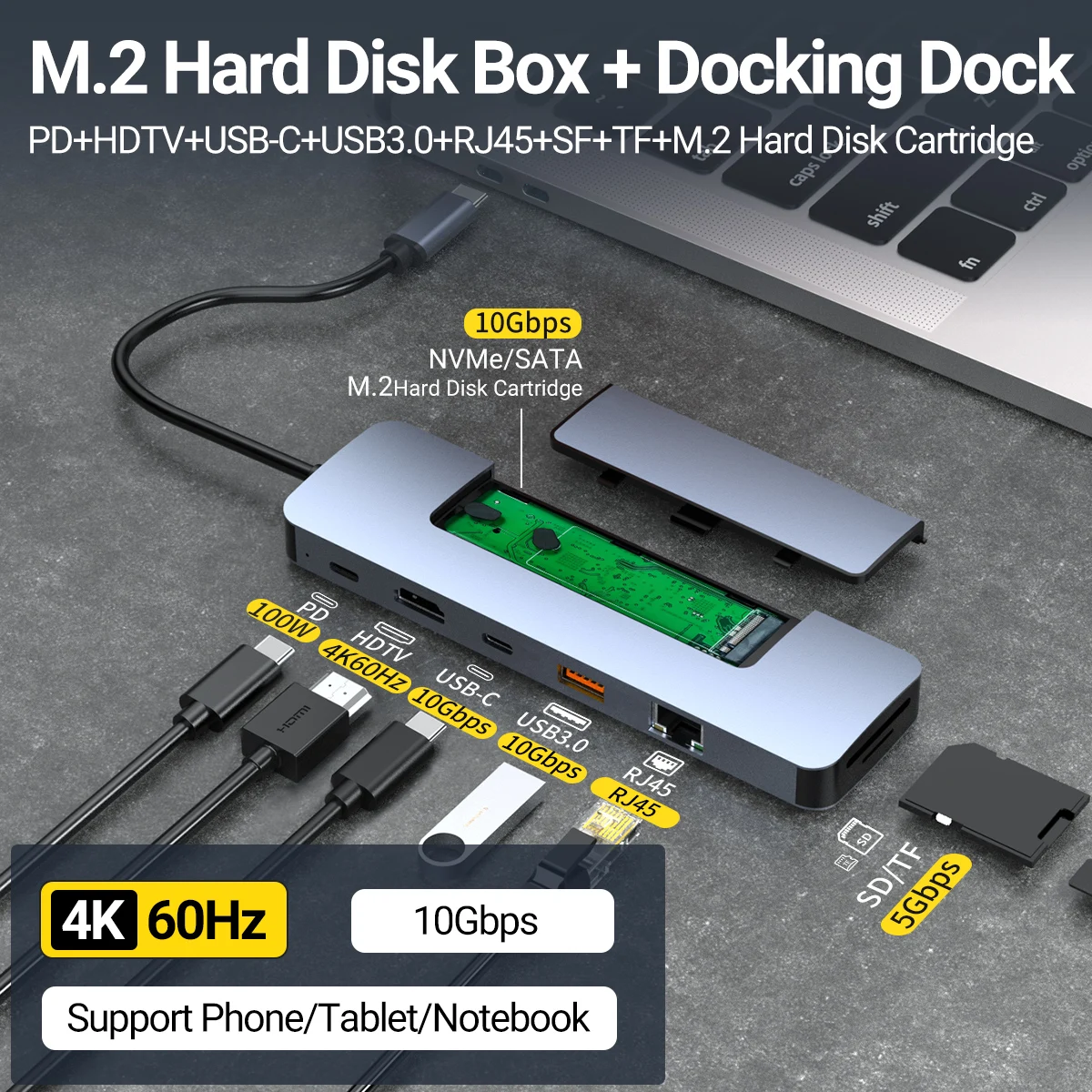 

8 in 1 USB C Hub with M.2 NVMe/SATA SSD Enclosure 10Gbps 4K HDMI 2.0 4K@60Hz USB 3.0 Gen2 PD100W for M.2 NVMe and SATA SSD