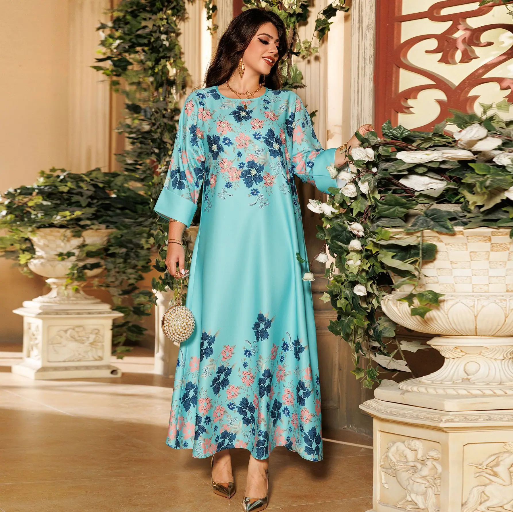 AB395 plus size women's dress with printed Muslim flower rhinestone robe