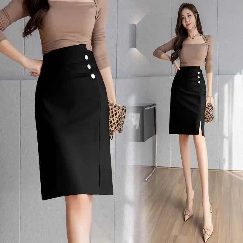 

Необычная женская одношаговая юбка, плиссированная юбка с разрезом спереди на пуговицах, модные профессиональные юбки-карандаш средней длины с запахом