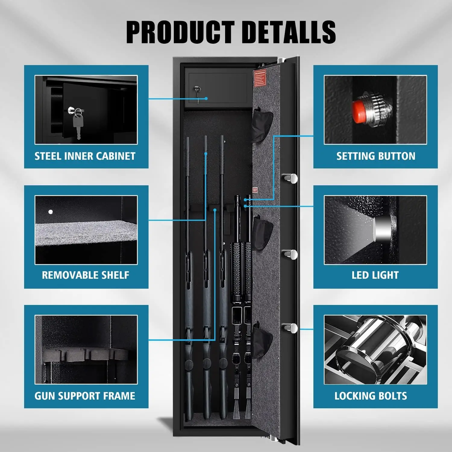 Digital Password Long Gun Safes,Rifle Gun Safe Quick Access 5 Gun Storage Cabinet for Home Rifles Shotguns, Adjustable Support F