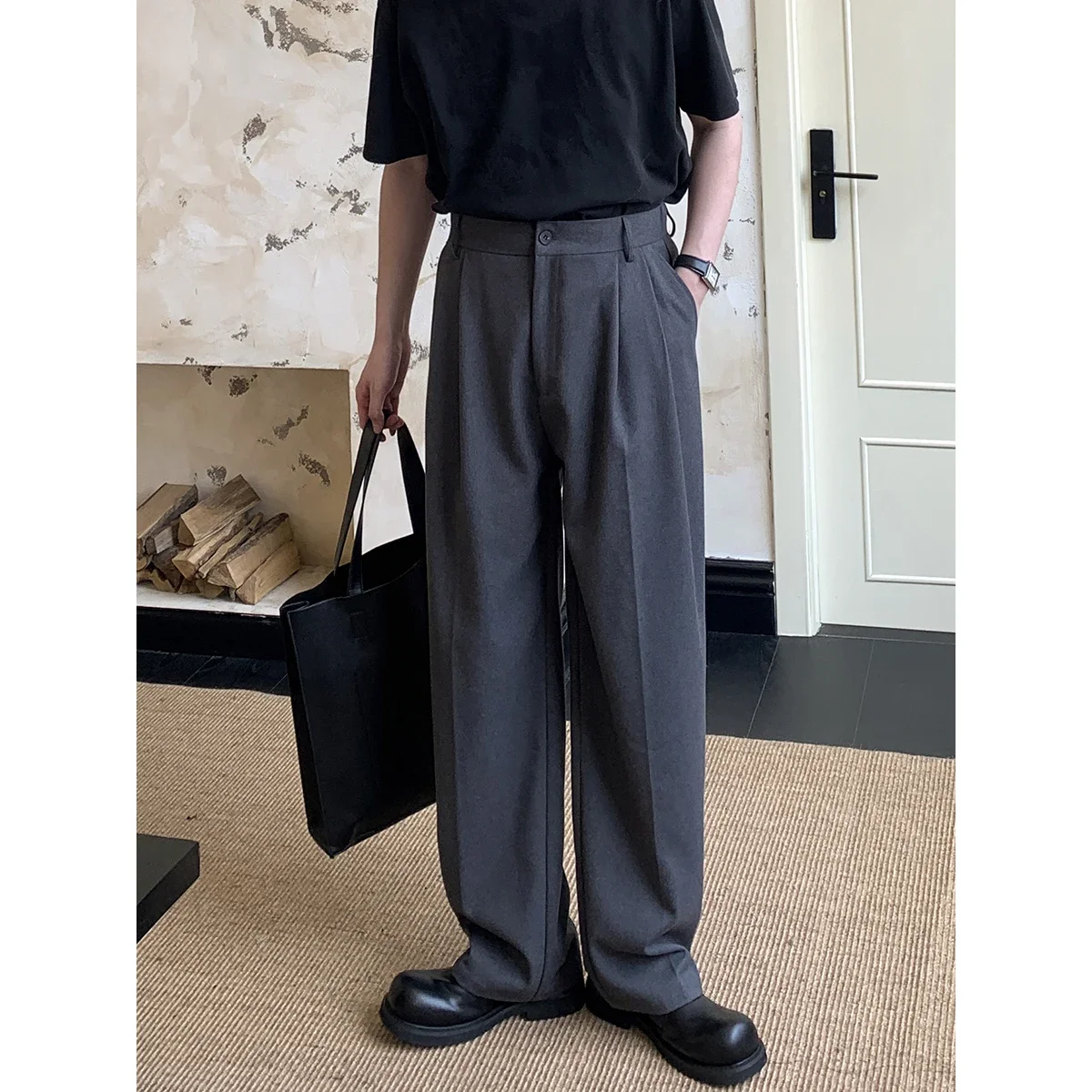 Men Autumn Winter Thick Material Loose Casual Retro Fashion Wide Leg Suit Trousers Office Man Commuter Business Baggy Pants