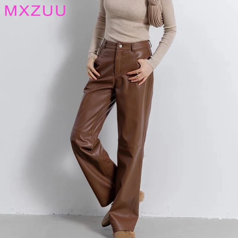 Black/Brown/Coffee Genuine Leather Pants Autumn Winter Women Sheepskin Commuter High Waist Slim Straight Long Trousers Pantaloni
