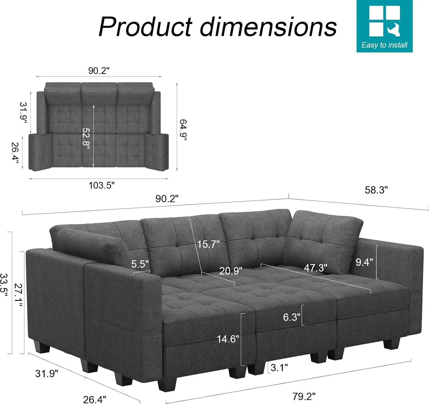 Modular Sectional Sofa with Storage Sectional Sleeper Couch Modular Sofa Bed for Living Room Dark Grey