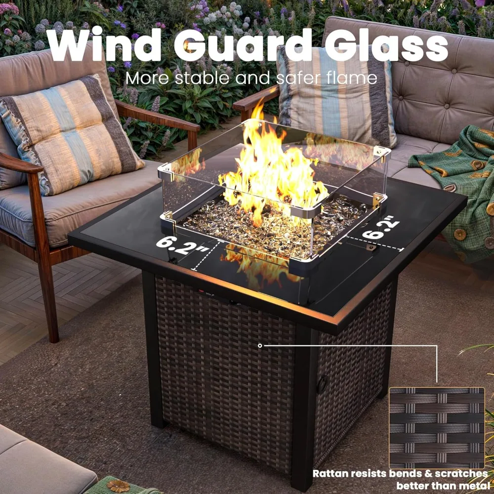

Outdoor Fire Pit Table, 28 Rattan Square Fire Pit Table, Outdoor Gas W/Glass Wind Guard, Tempered Glass Tabletop