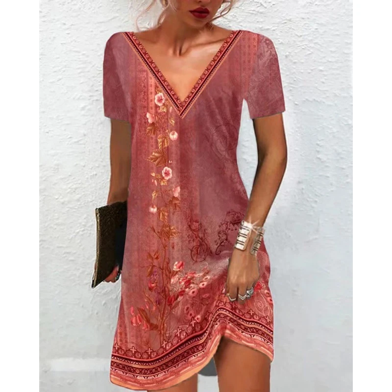 2023 Spring/Summer Women\'s Dress Casual Retro Floral Print Dresses Elegant V-neck Loose A-line Vestidos Female Commuter Pullover