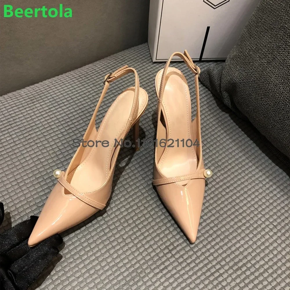 براءات الاختراع والجلود أشار تو مضخات فاخرة للإناث النساء 2025 جديد اللؤلؤ Slingback رقيقة عالية الكعب مشبك حزام أحذية أنيقة