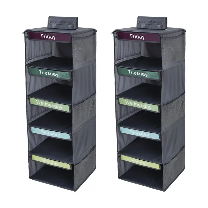 AS60-Hanging Closet Organizer For Kids With Visual Label 2Pcs, 5-Shelf Weekly Clothes Organizer Monday Through Friday
