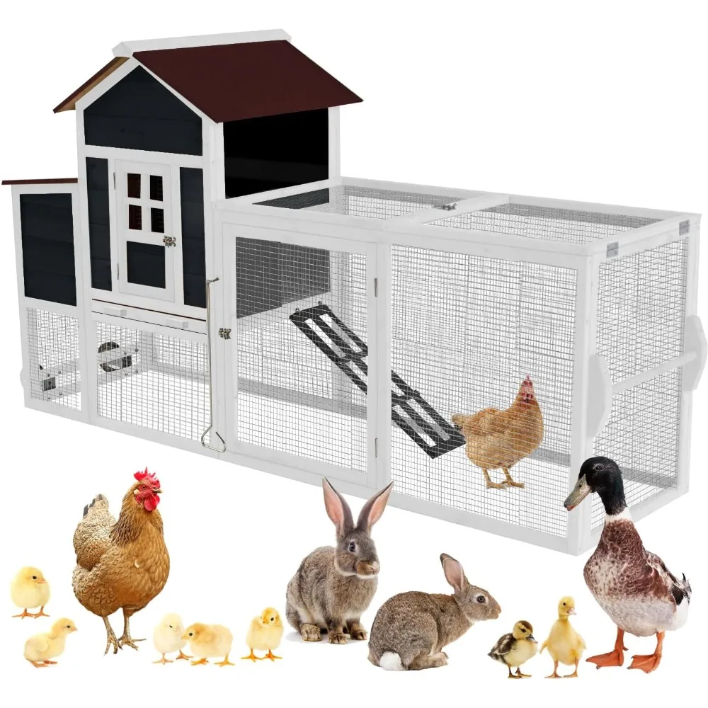 80” Chicken Coop with Run, Mobile Wooden Hen House for 2-4 Chickens, Rabbit Hutch for Backyard, Duck Cage with Removable Tray