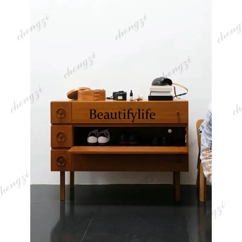 02A Modern retro solid wood flap door storage shoe cabinet simple locker three-layer entrance cabinet