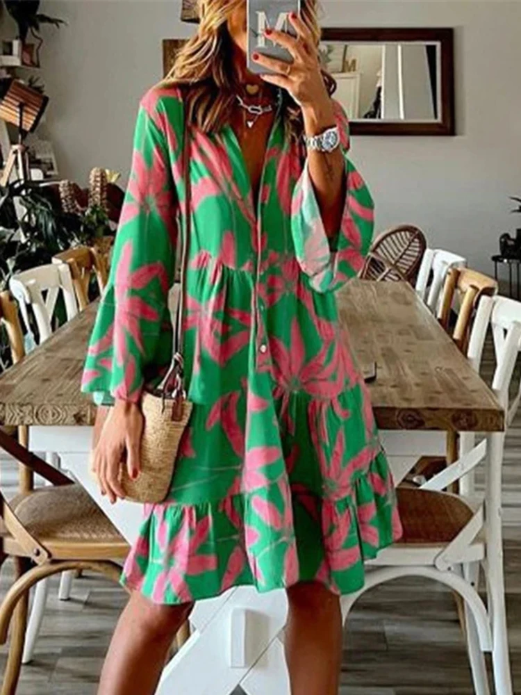 

Casual Loose Ruffles Print Mini Dress Women Spring Ladies Flare Sleeve Dresses For Women 2023 Boho Beach Shirt Dress Vestidos