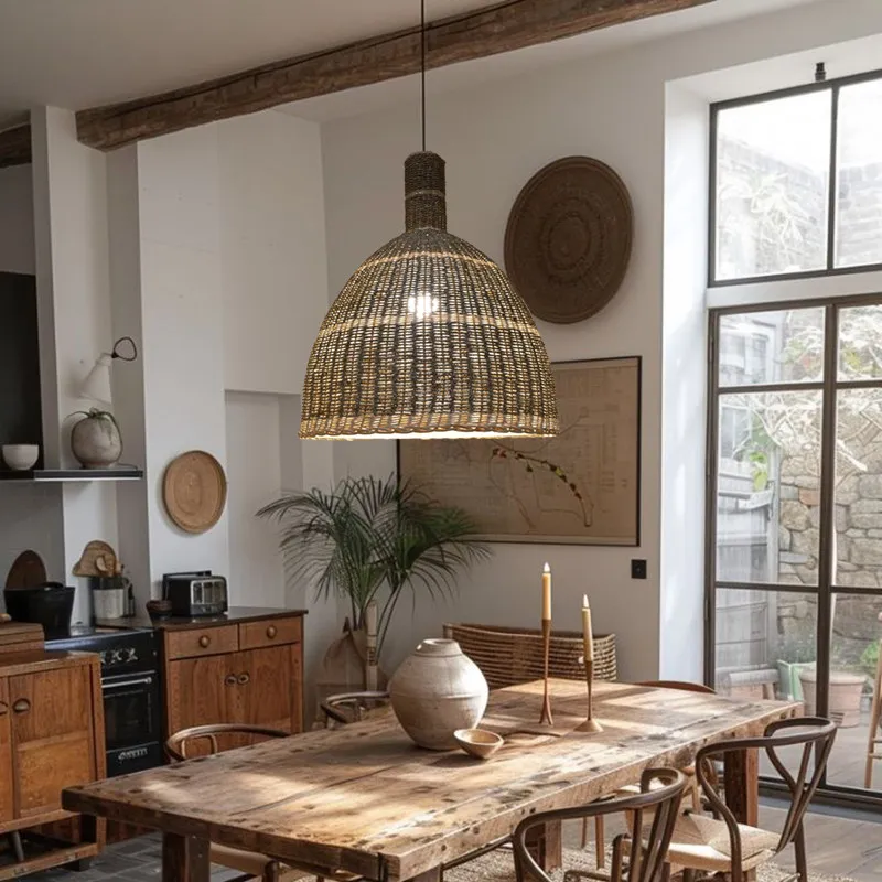 Japanese Wabi Sabi Style LED Pendant Light Handmade Rattan Weaving Ceiling Chandelier Hot Pot Restaurant Home Decoration Fixture