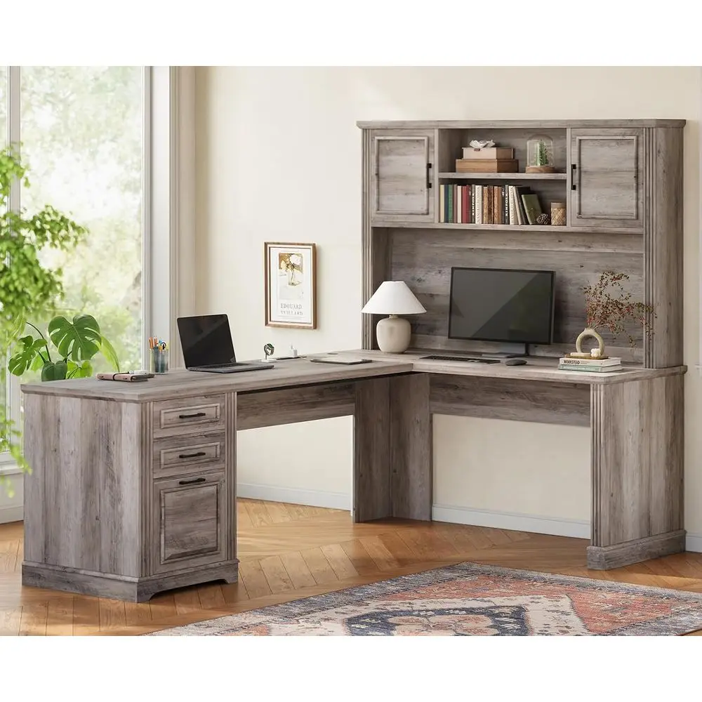 

Executive L-Shaped Home Office Desk with File Drawer, Power Outlet, and Hutch, Grey