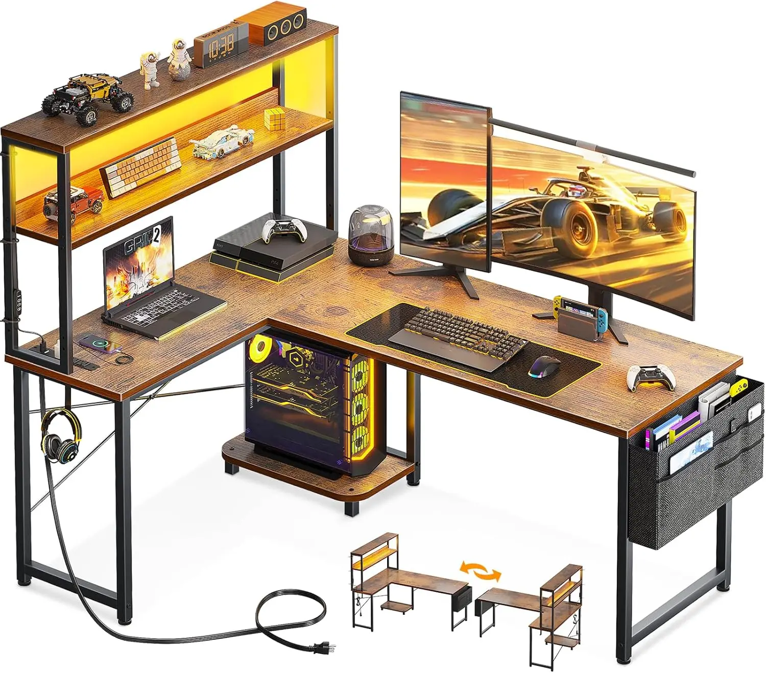 

L Shaped Gaming Desk with LED Light, Power Outlet, Shelf & Storage Hook, 53 Inch Reversible Computer Table, Vintage