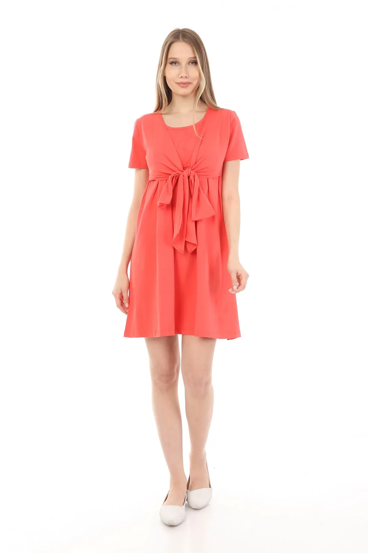 

Luvmabelly MYRA5702 Bow To Breastfeed Fit Stylish Dress-Salmon