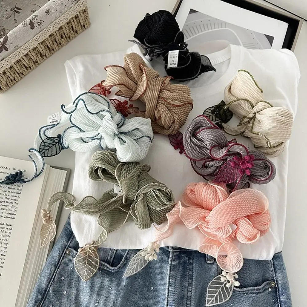 Solid Color Crushed Silk Scarf Frilled Edge Wrinkled Silk Silk Scarf Leaf Pendant Artistic Design Small Neckerchief Gentle Style