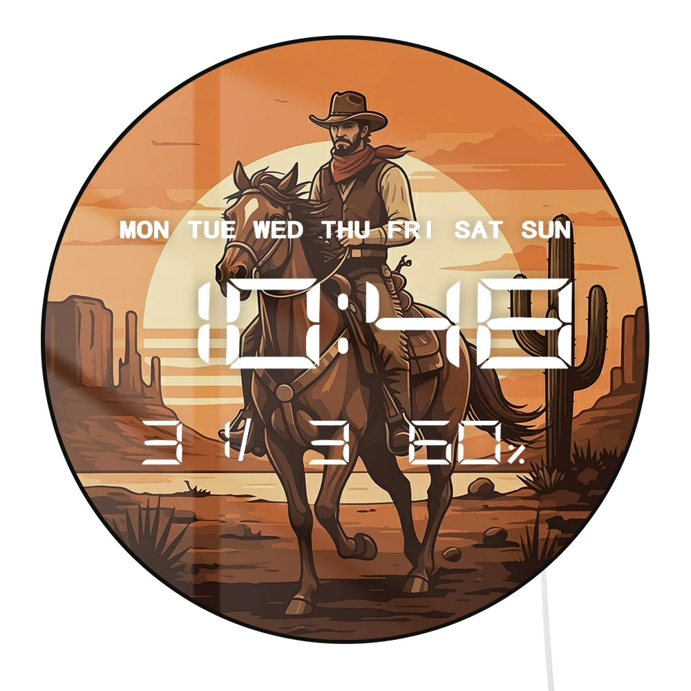 Cowboy Riding Horse LED Digital Wall Clock with Timer Date Temperature Display Sunset Cactus Western Home Decor Electronic Clock
