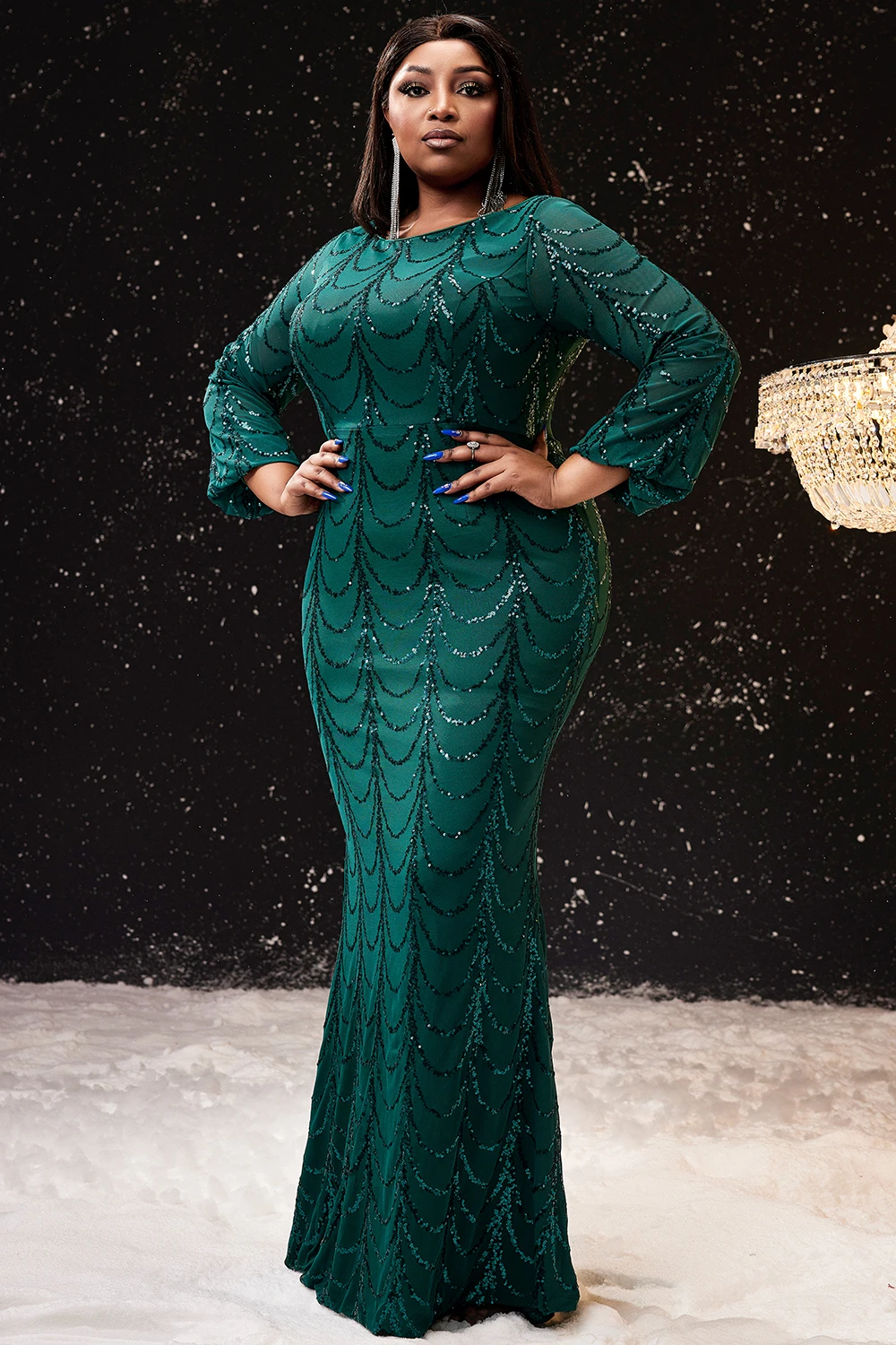 Women\'s Elegant Plus Size Evening Dress Green Round Neck Long Sleeve Glitter Sequins  Cocktail Wedding Guest Mermaid Maxi Dress