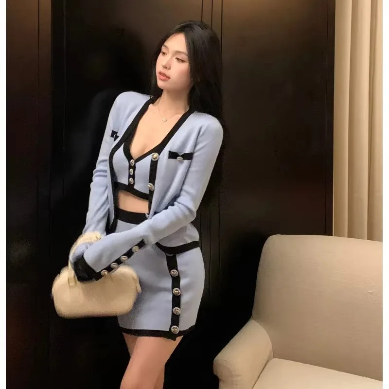 

Sweet Hot Girl Suit Women Autumn V-neck long-sleeved Knitted Cardigan Inner Sling Tops High Waist Wrap Hip Skirt Three-piece Set