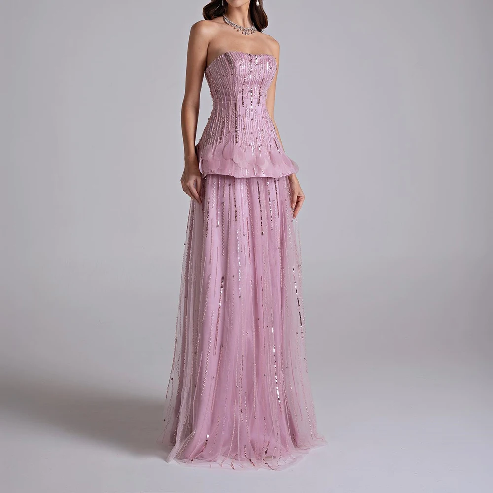 Customized A-line Evening Dresses Floor-length Strapless Sleeveless Prom Gown Fashion Sequined Simple Draped Backless Party Gown