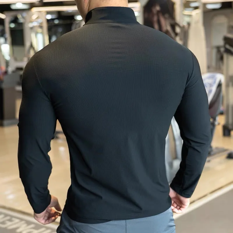 Langarm schnell trocknen im Freien Training Laufen T-Shirts Fitness atmungsaktive Turnhallen Männer Kleidung Jogger Reiß verschluss Tasche Sport hemden