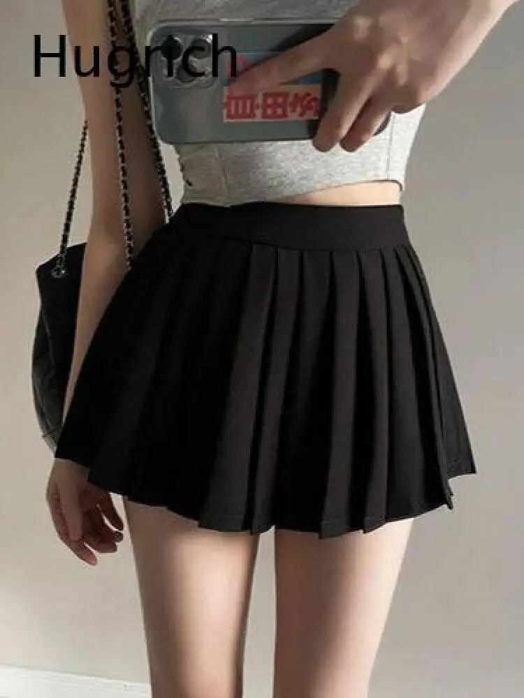Ladies Solid Black Pleated Short Skirt Elastic High Waist Design A Line Flared Hem Casual Daily Basic Mini Bottoms