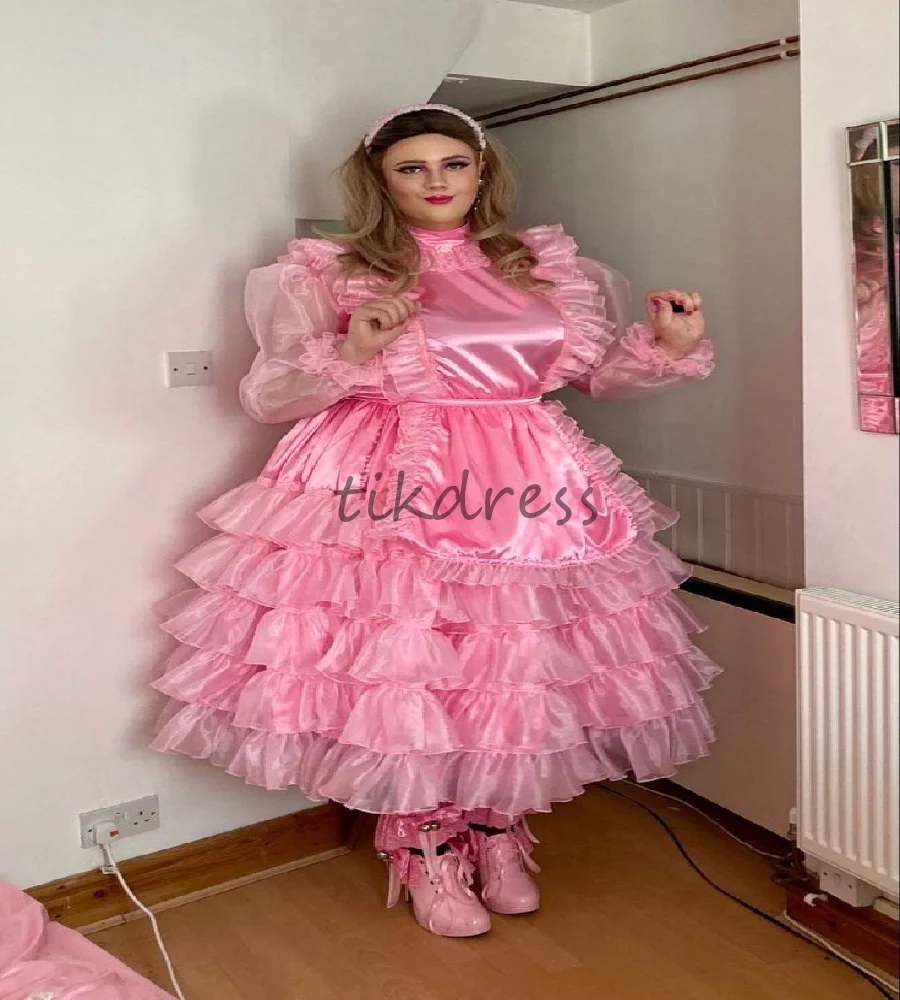 

Babies Pink Maid Prom Dress Plus Size Long Sleeve Cosplay Evening Dresses 2025 Ruffles Birthday Halloween Party Gowns Customized