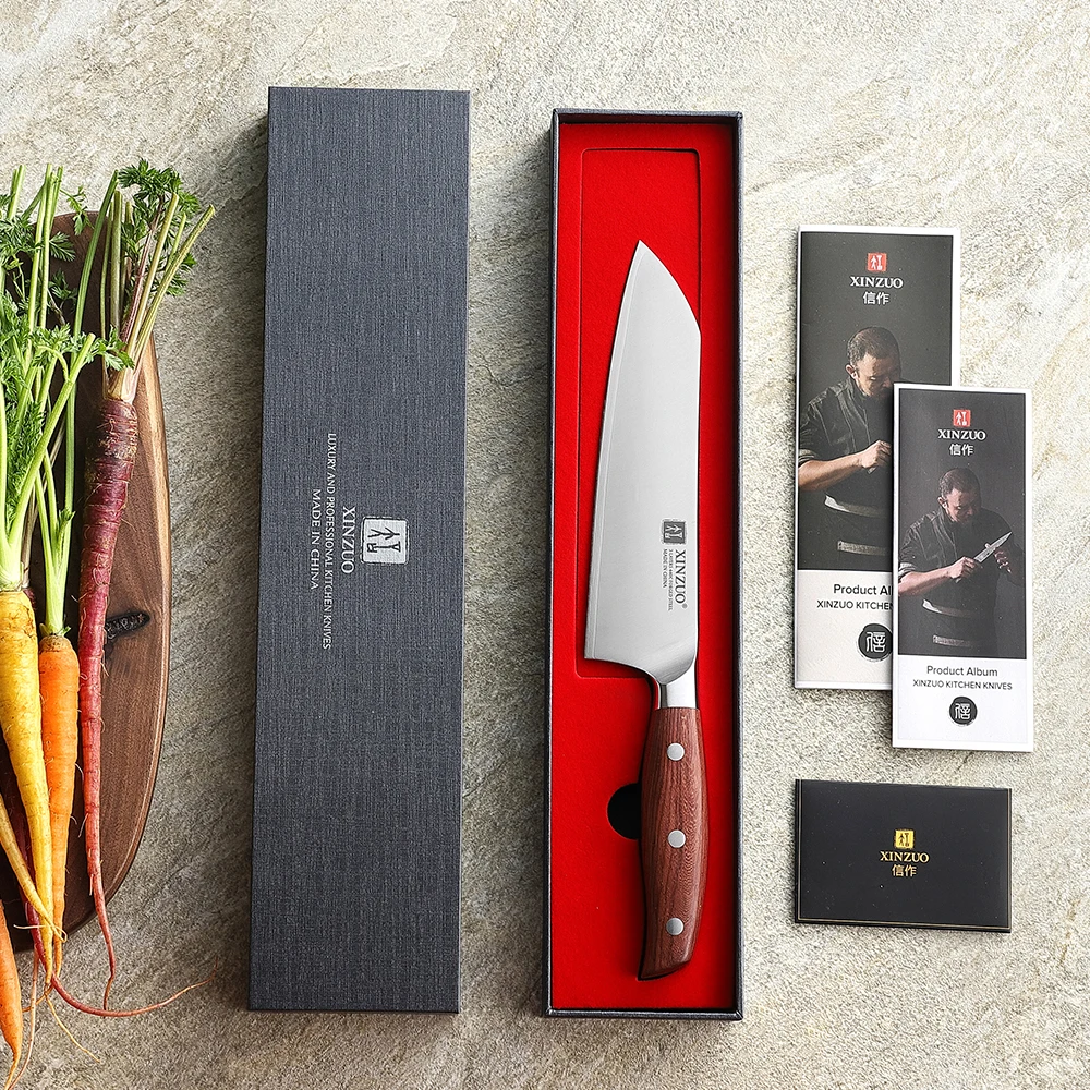 XINZUO Wysokiej jakości nóż Santoku ze stali nierdzewnej 7,2 cala, 3-warstwowa stal kompozytowa, nóż szefa kuchni do krojenia, rękojeść z czerwonego drewna — zdjęcie 7