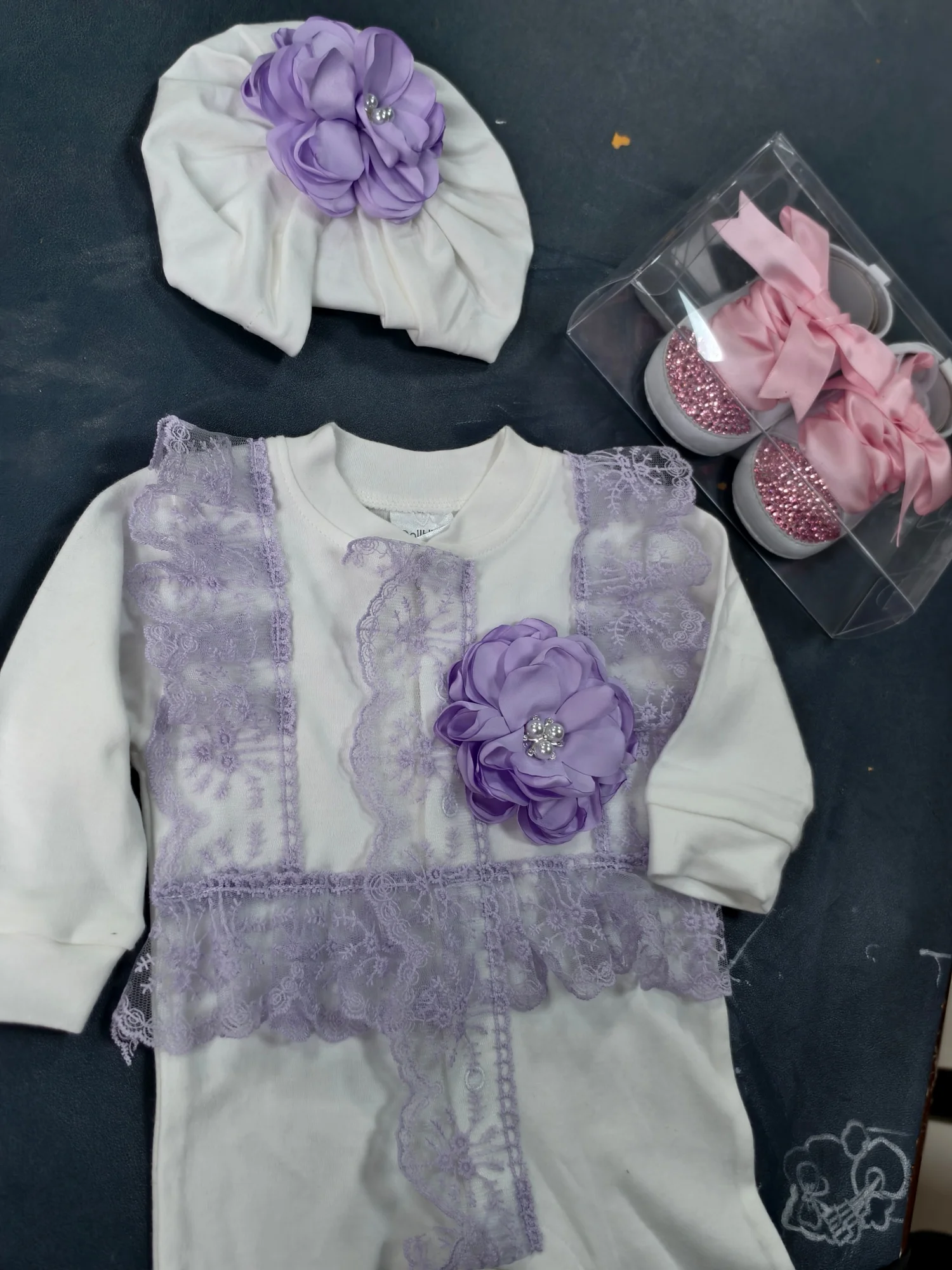 Baby Girls Footed Jumpsuit with Matching Turban Hat Purple Satin Flower Lace Trim Newborn Princess Outfit Set