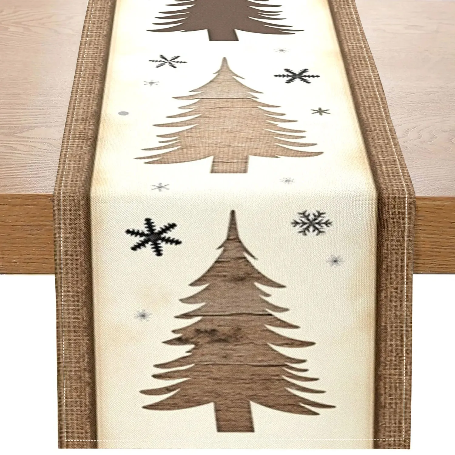VIKAMA Weihnachts-Tischläufer aus Kiefernholz, verziert mit Vintage-Kiefern und Schneeflocken, perfekt für die Dekoration von Ferienhäusern.
