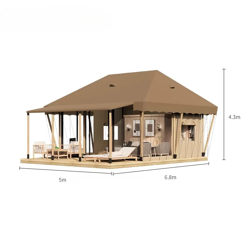 customize Outdoor Glamping Prebuilt House Luxury Hotel Safari Tent Supplier Wooden Pole Resort Camp Beach Canvas Safari Tent