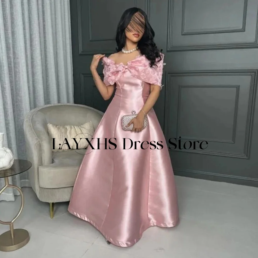 

LAYXHS Элегантные вечерние платья с открытыми плечами Розовый бант трапециевидной формы с цветами Женские платья для выпускного вечера по индивидуальному заказу فساتين سهرة