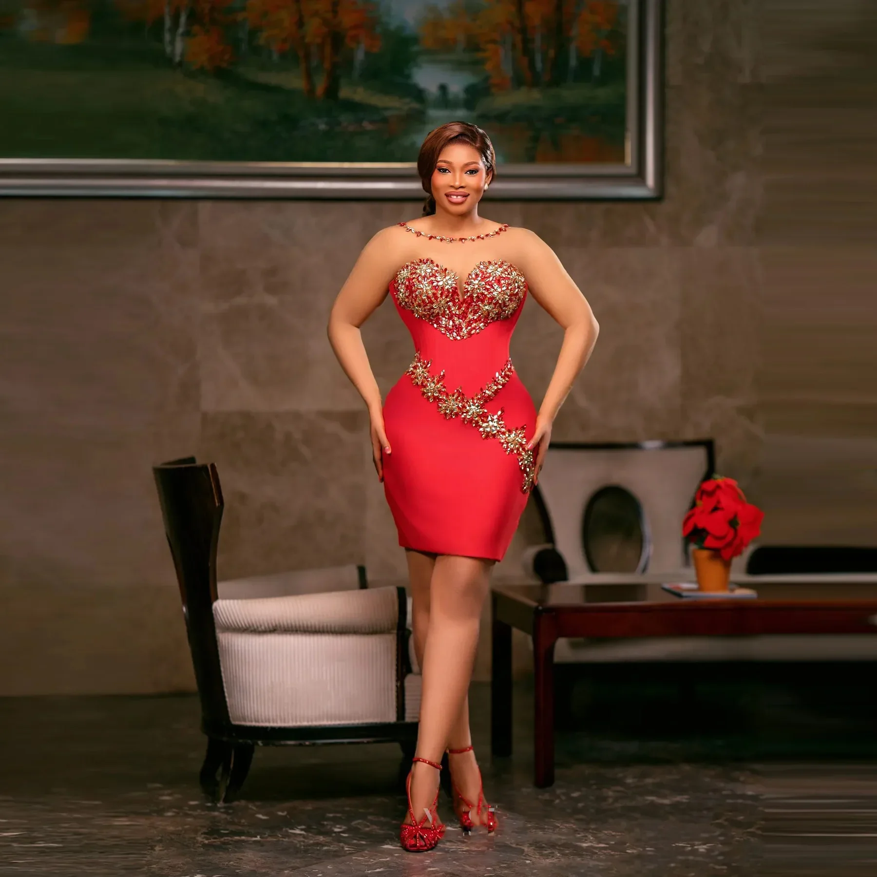 

Роскошное красное бальное платье с кристаллами, прозрачным воротником и длинными рукавами, облегающее вечернее платье для африканских женщин, на день рождения, с возможностью индивидуального пошива
