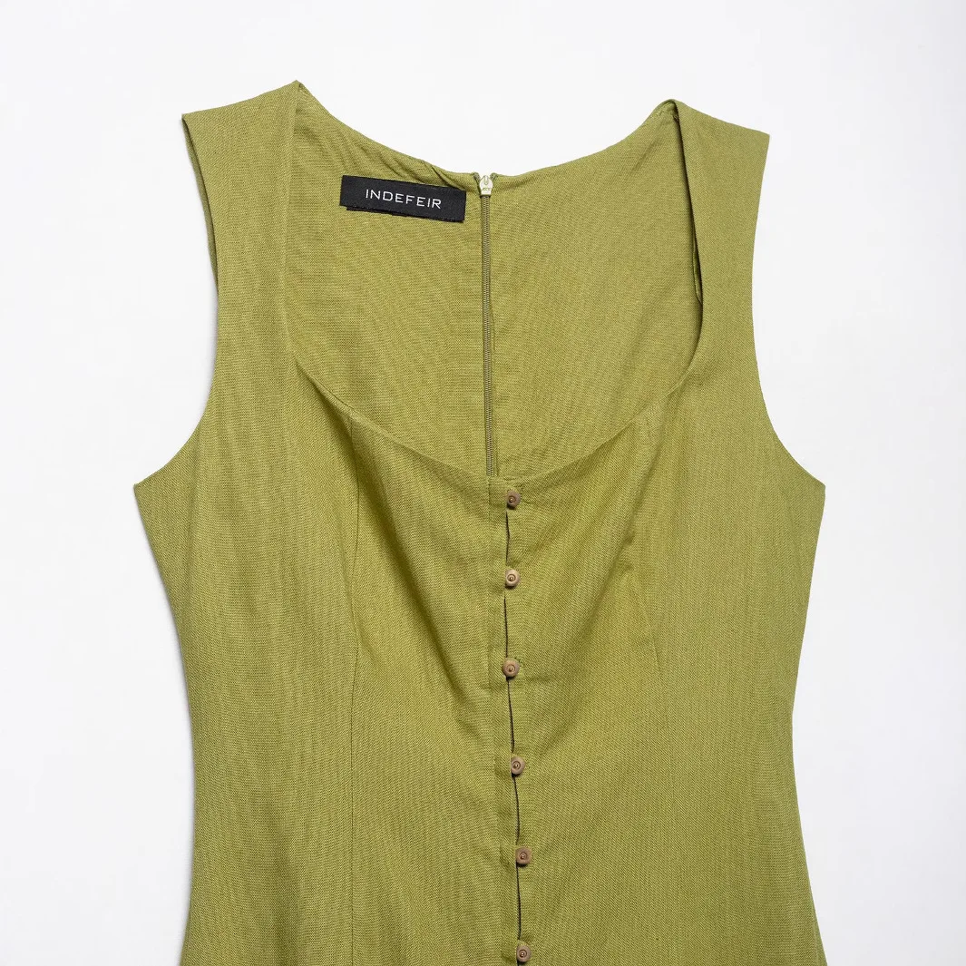 Robe mi-longue en lin, sans manches, col carré, élégante, minimaliste, robe de plage d'été