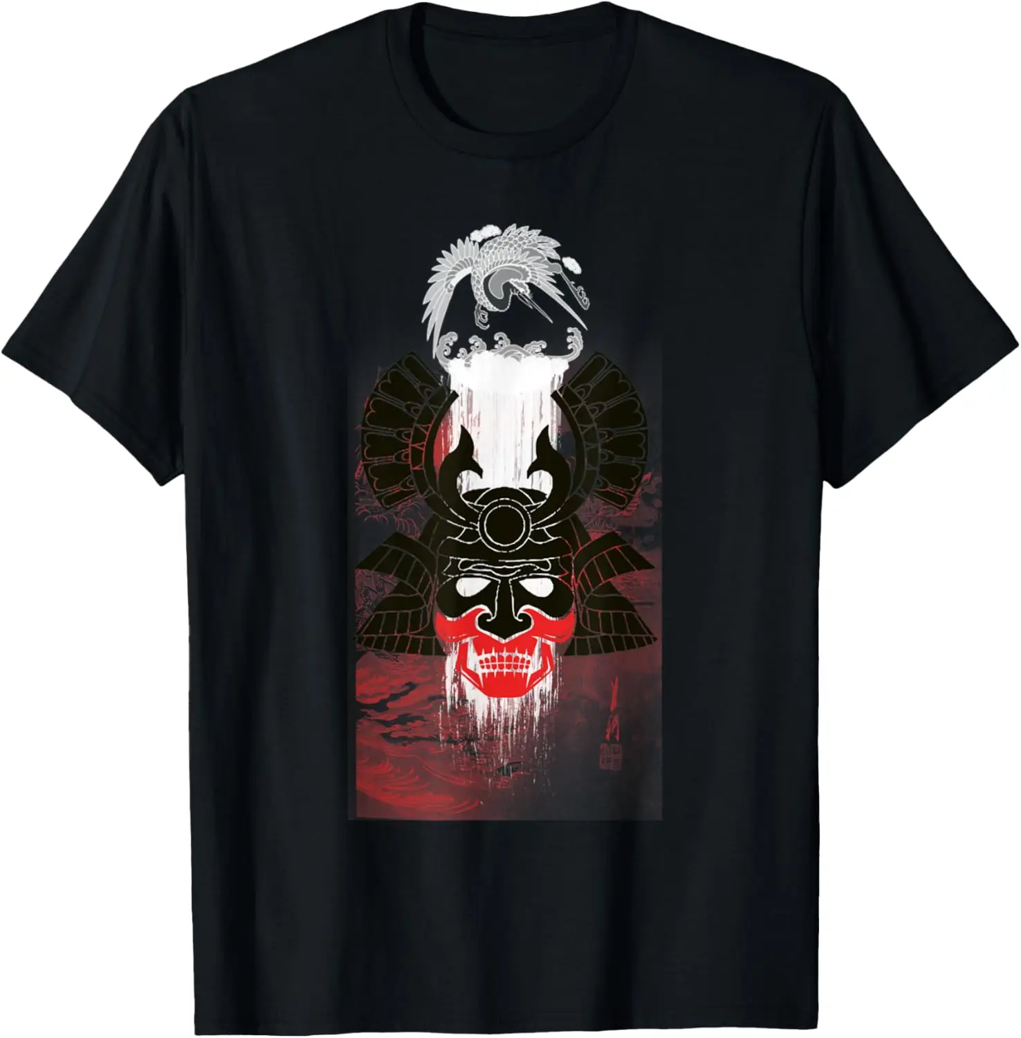 

Samurai Skull Crane Waterfall Graphic Tee Men's Casual Cotton T-Shirt Breathable