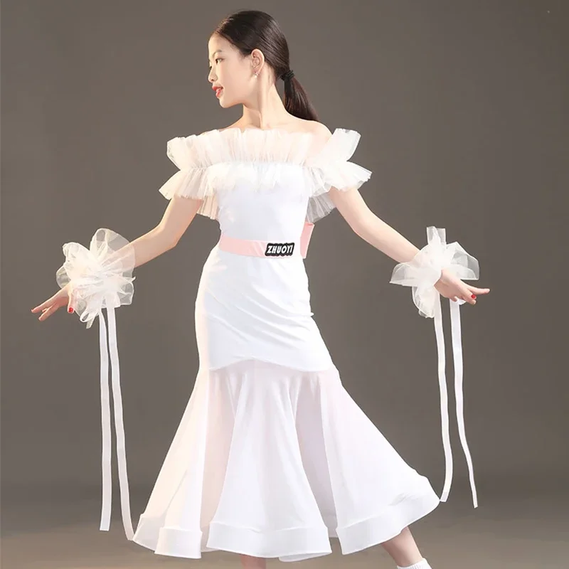 

New Girls Ballroom Dance Dress Fairy White Ruffled Tops Skirt Waltz Dance Performance Costume Kids Prom Stage Dancewear DNV19423