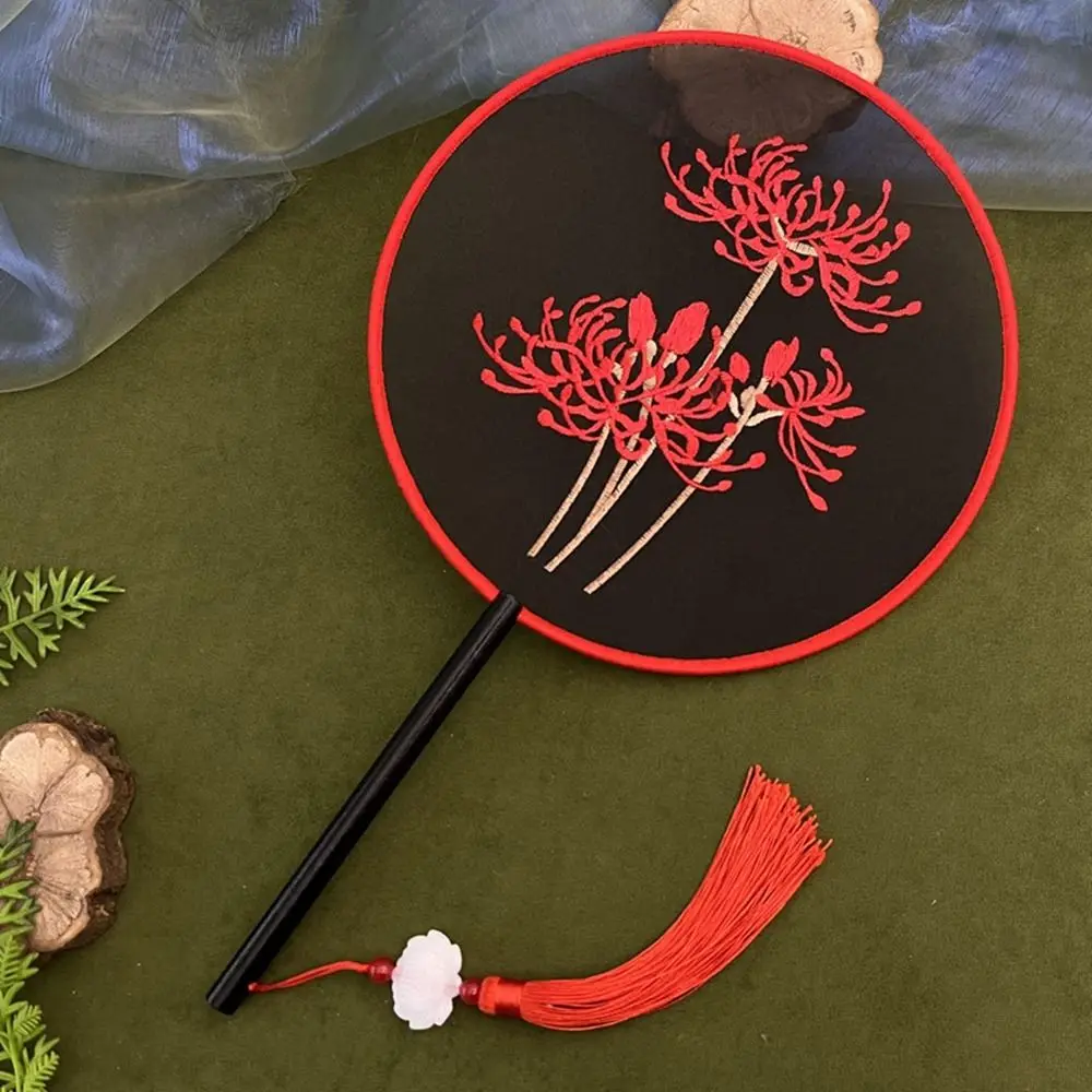 Round Double Sided Embroidery Fan Chinese Style Handheld Embroidery Round Fan Wooden Handle with Pendant Hanfu Hand Fan