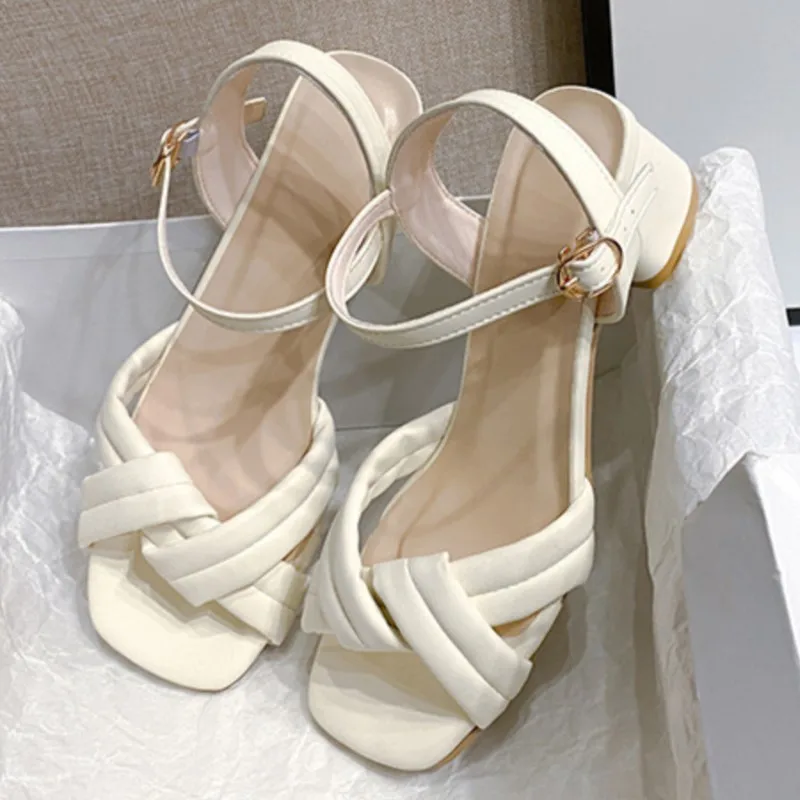 

Босоножки на массивном каблуке с одним ремешком, лето 202, женские однотонные сандалии на высоком каблуке на массивном каблуке с одним ремешком, универсальный высокий каблук