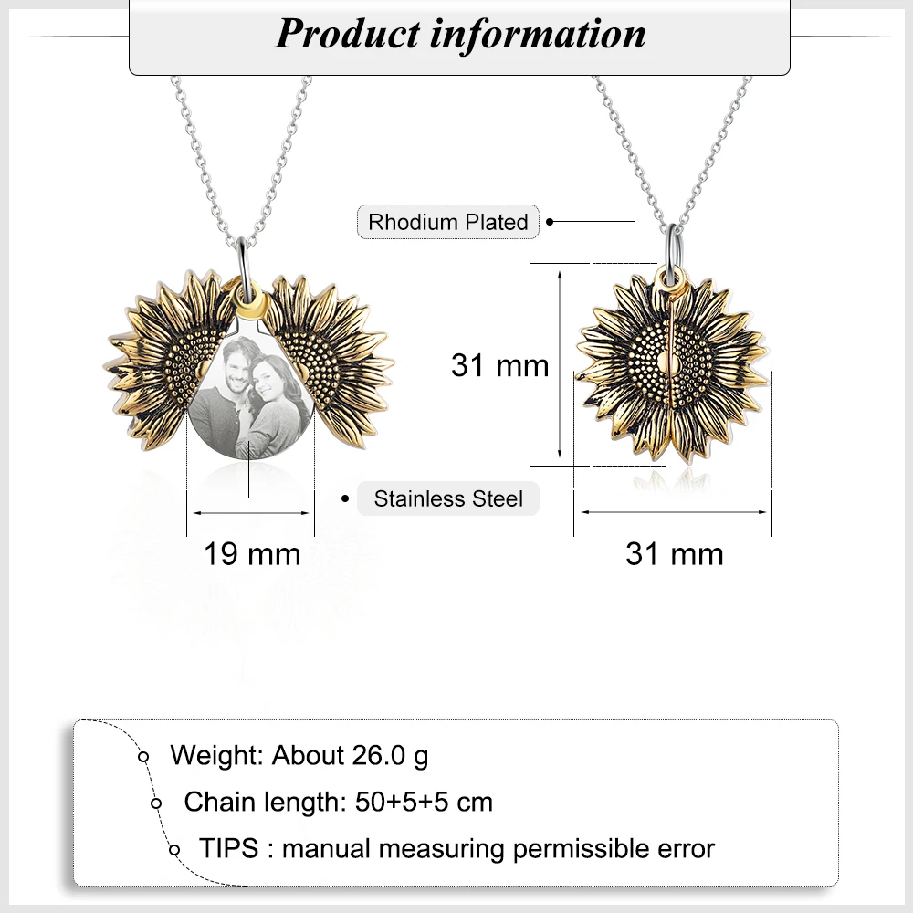 JewelOra Personalized Sunflower Photo Necklace Customized Name Engraved Locket Pendants for Women Christmas Anniversary Gift