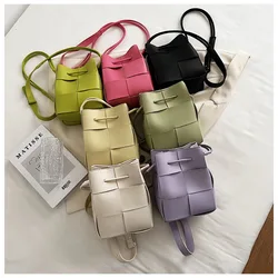 Fashion Korean Style Women's Woven Mini Bucket Bag 2024 Spring Solid Color PU Pleated Shoulder Crossbody Female Bags