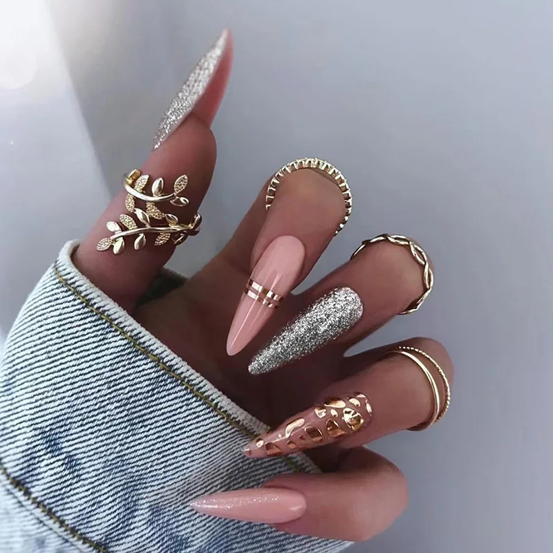 24Pcs Glitter Leopard print Fake Nails Long Almond False Nails with Gold Leaf Lines Speckled Wearable Finished Fingernails Nail