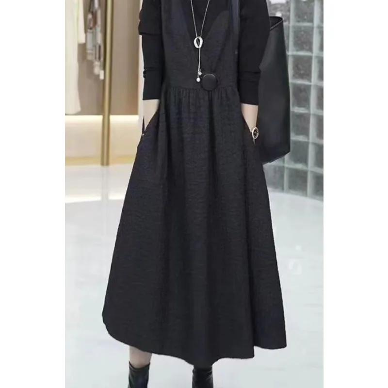 High-end jacquard falso vestido de duas peças outono novo botão de manga comprida temperamento saia de emenda fina