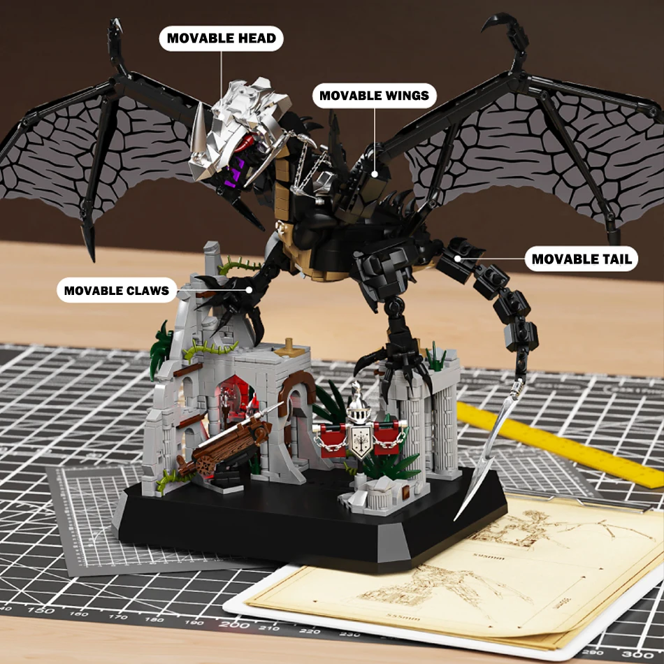 MOC Zły Smok Bestia Ruiny Zamku Scena Klocki Magiczne Pierścienie Zwierzęce Smok z Miękkimi Skrzydłami Cegły Zabawki Prezenty dla Dzieci i Dorosłych