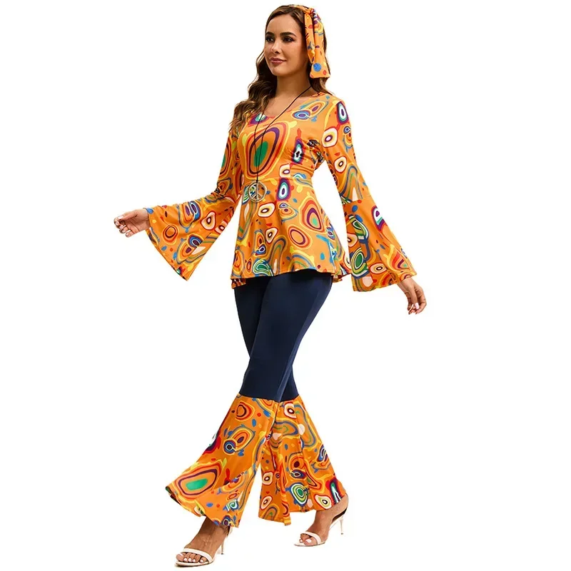 Tops estampados multicolores europeos y americanos, conjunto de empalme de pantalones que incluyen pañuelos para la cabeza, Ropa de baile para mujer 2024