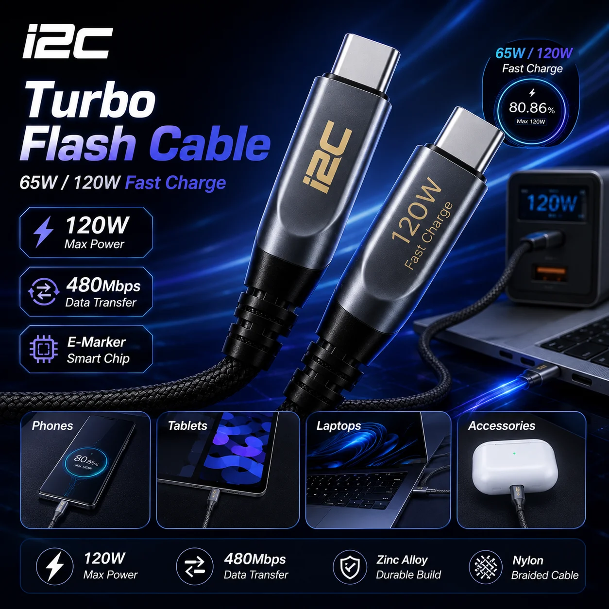 Cabo i2C Turbo Flash 65W/120W Tipo-C para Carregamento Rápido e Conversão de Protocolo para Reparo de Bateria e Ferramenta de Teste para Celulares Android e iOS