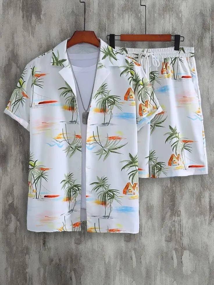 Conjunto de camisa de manga corta para hombre, camisa de manga corta con estampado de plantas, pantalones cortos informales hawaianos, MB5-MA4 de verano